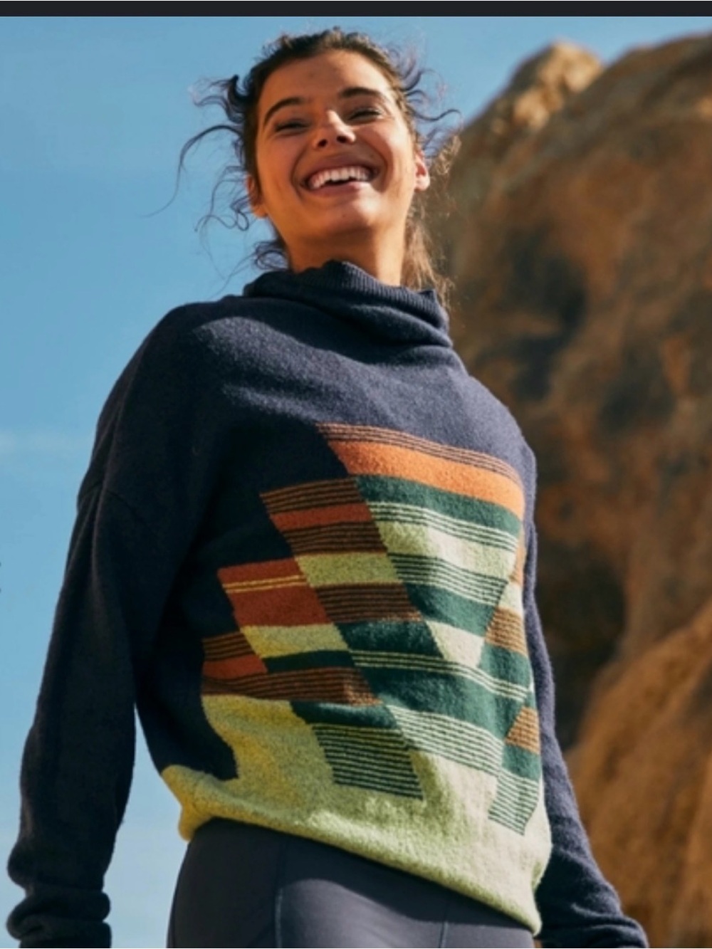 Prana Navy Funnel-Neck Sweater with Green, Orange & Brown Geometric Stripes